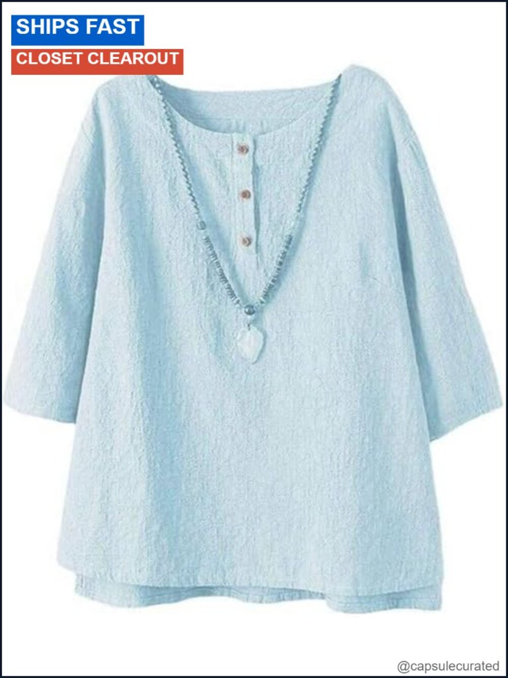 Women's 3/4 Sleeve Cotton Linen Jacquard Blouse Top Loose Fit Tunic